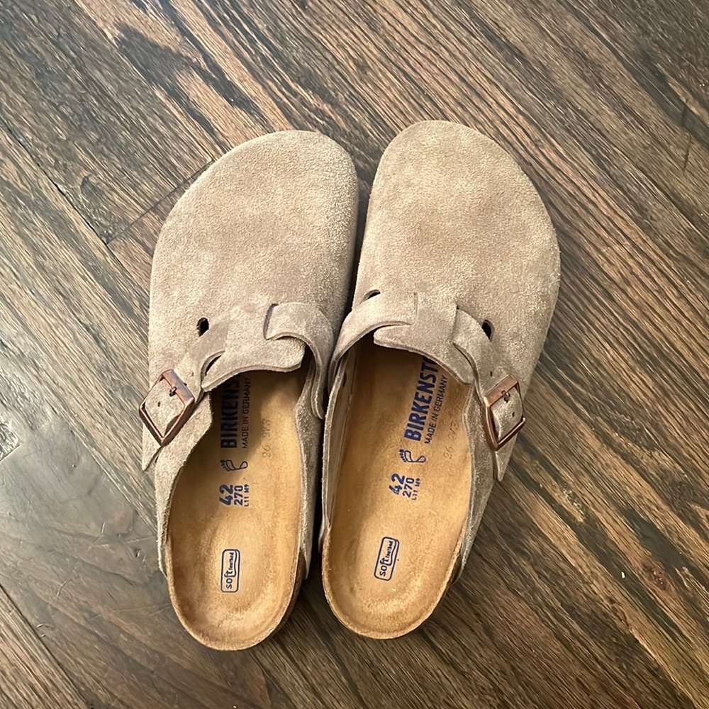 Taupe Suede Birkenstock Boston Clogs